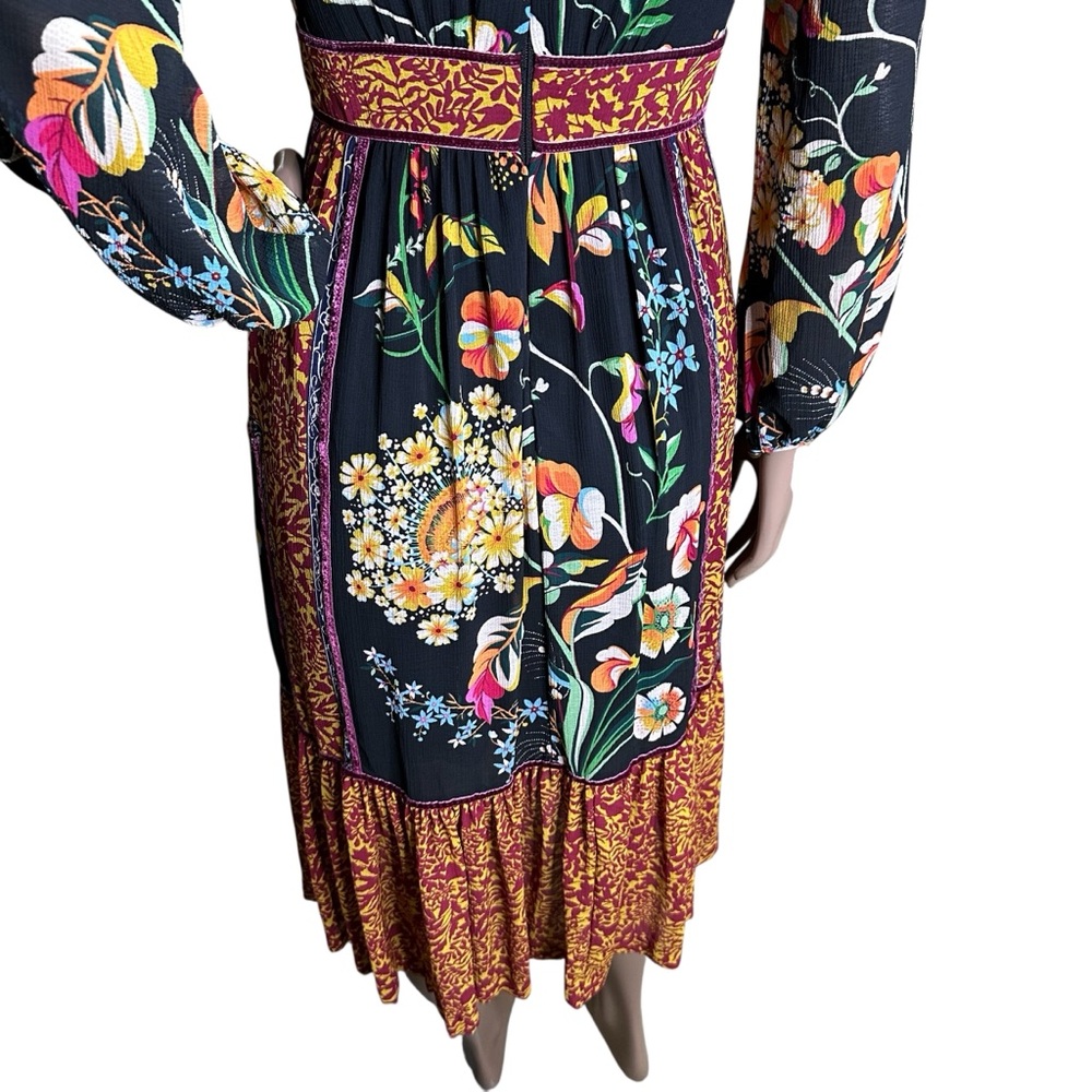 Anthropologie Adair Vibrant Floral Velvet-Trimmed Midi Dress Flounce Ruffle - Picture 11 of 12